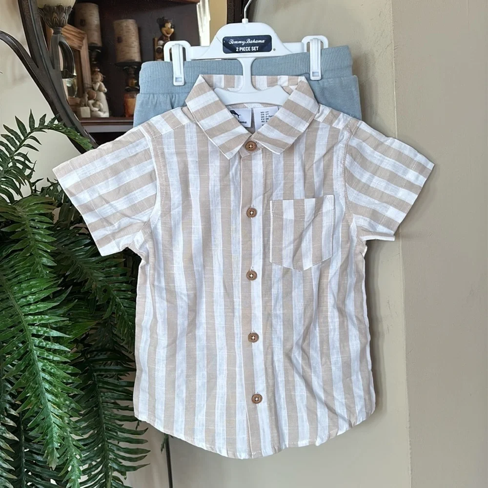 Brand New Tommy Bahama 2-Piece Set Striped Casual Button Down Shirt Cargo Shorts